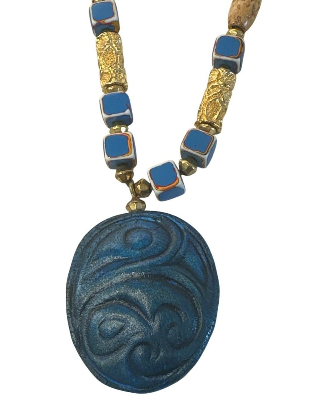 Handcrafted Beaded Necklace Blue Carved Pendant Tribal Bird Style VTG 27" Boho